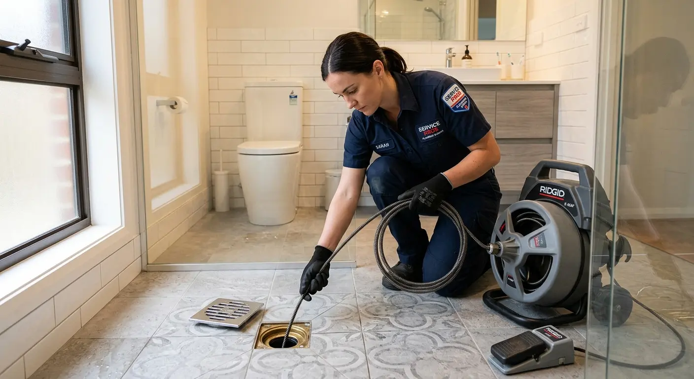 Technician clearing a bathroom floor drain for Drain Cleaning in Porter
